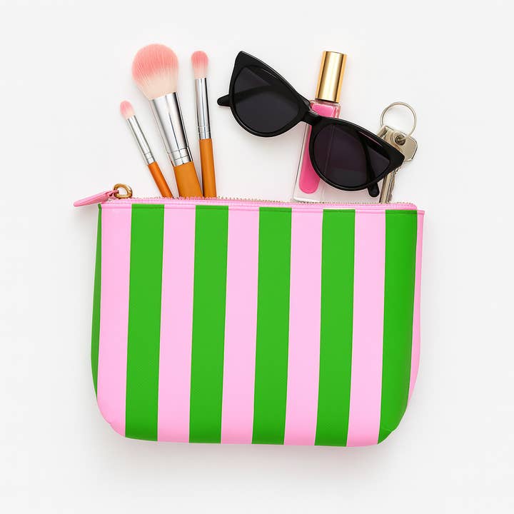 Aspen Lane - Wholesale Makeup/Cosmetic Bag - Cute pouch + cosmetic bag | leather pink & green stripe4