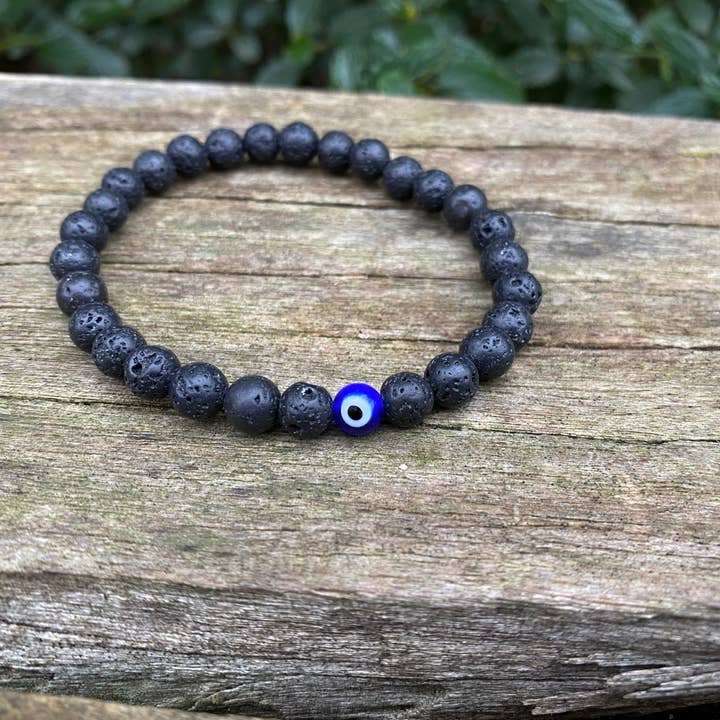 Pulsera elástica de litoterapia de ojo turco Nazar Boncuk con piedra de lava natural para venta al por mayor de Boutique Bohème