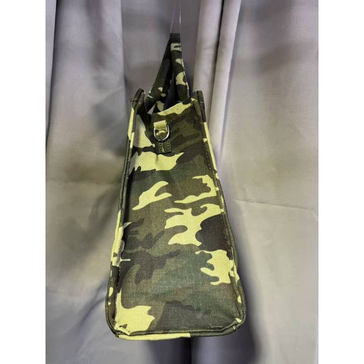 Green CAMOUFLAGE PRINT DENIM THE TOTE BAG EMBROIDERY BAG for wholesale on Faire