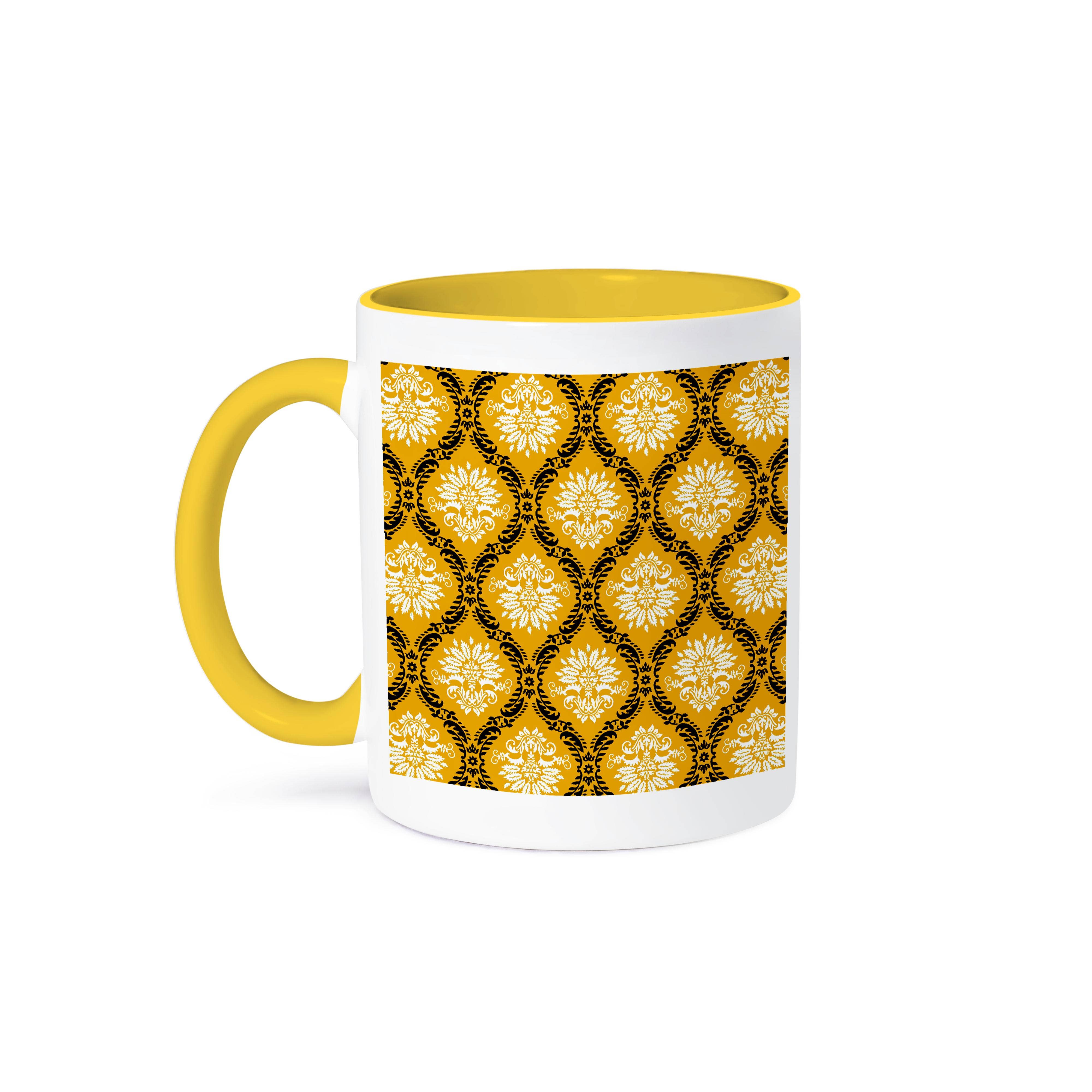3dRose - Vente Tasse à café - 3dRose, Dooni Designs Motif Damassé Orné Jaune Souci Noir Blanc, Tasse0