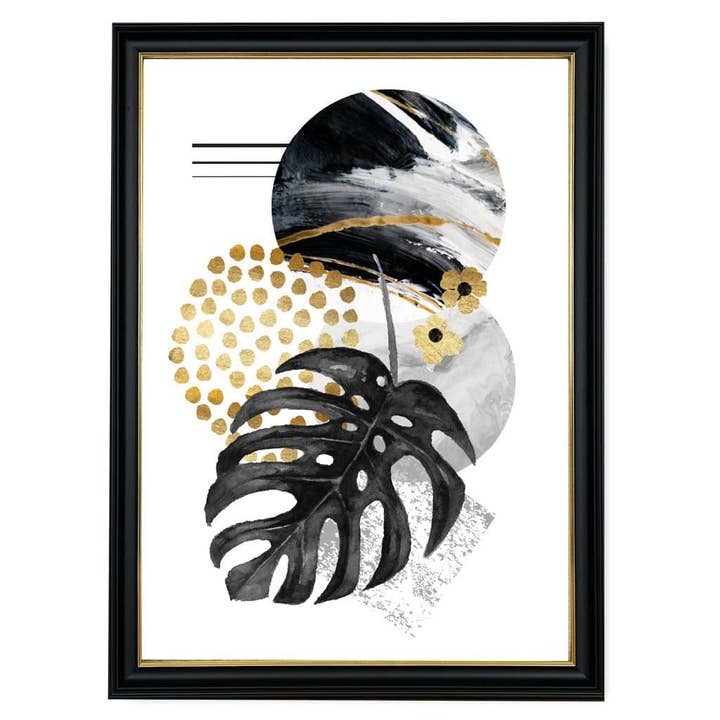 Lámina de pared con hojas abstractas en negro y dorado para venta al por mayor de Artze Wall Art