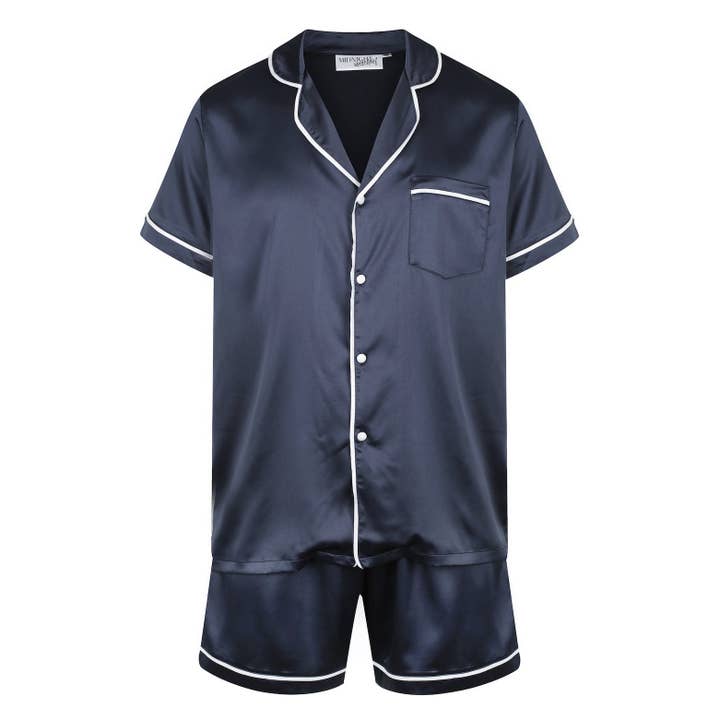 Men's Satin Pyjama Set - Short Sleeve Navy/White for wholesale by Midnight Mischief