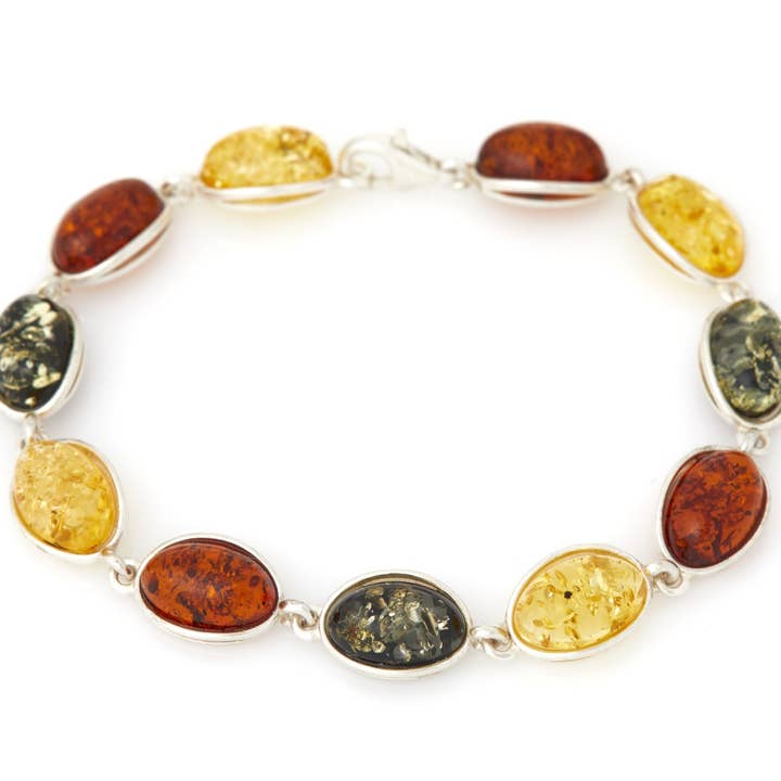 Oval multicolored amber bracelet, sterling silver, length 18 cm for wholesale by OPALOOK France