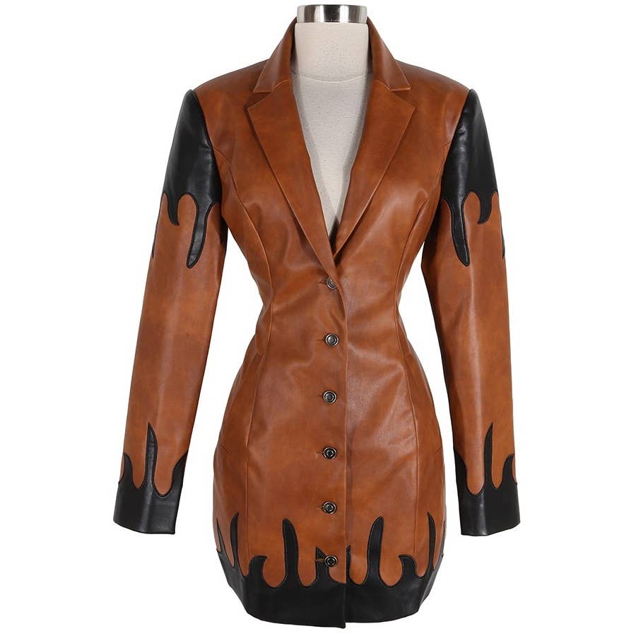 BROWN FAUX LEATHER JACKET MINI DRESS for wholesale on Faire0