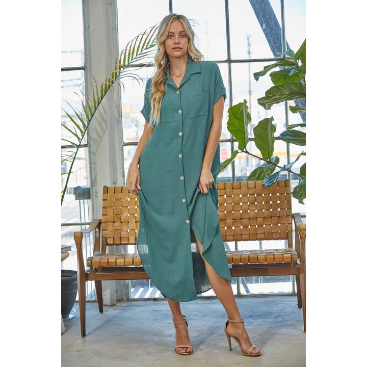 CURVY STORLEK Solid Kortärmad Knapp Ner Klänning för wholesale av salt & bit