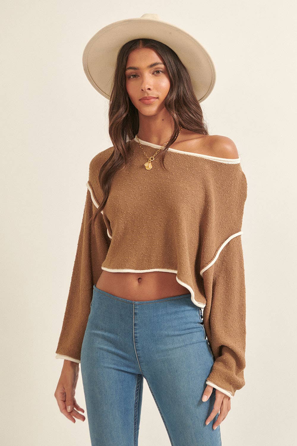 Promesa USA - Wholesale Knit Sweater - Women's - Loose Knit Boat Neck Exposed Seam Crop Sweater24