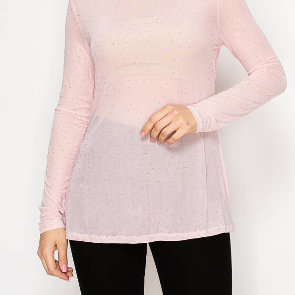 Sheer All-Mesh Long Sleeve Blouse With Sparkly Details – 4847PINK for wholesale by Origami Apparel ~  Lace and Crochet inspired