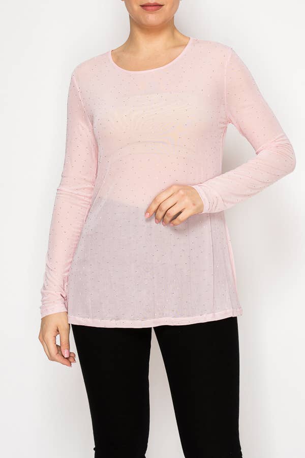 Rosa Blusa Comprida de Malha Transparente com Detalhes Brilhantes – 4847ROSA para venda a revendedores na Faire