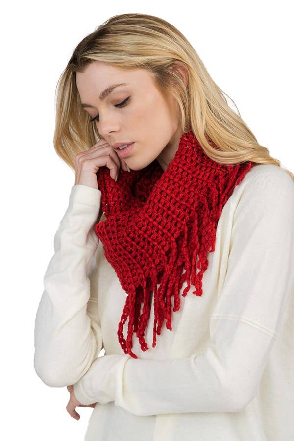 Cap Zone - Wholesale Scarf - Women's - Mesh Seed Stitch Knit Fray Trim Infinity Scarf2