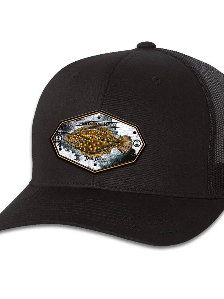 Flounder Kraken 6 Panel Trucker Snap Back Sort/Sort Kasket for engroshandel hos David Dunleavy