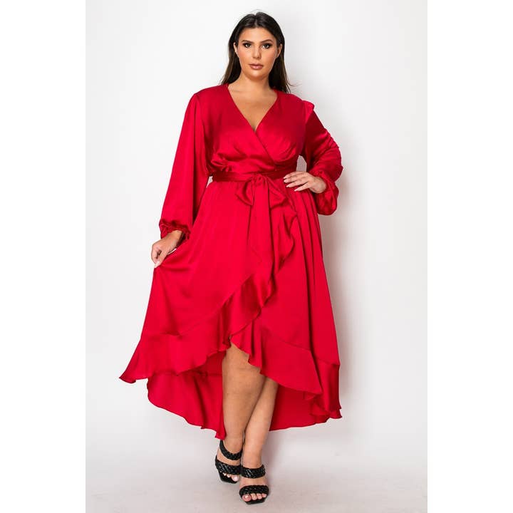 Curve Market - Wholesale Dress - Women's - PLUS SIZE SATIN SURPLICE LONG SLEEVE TIE WAIST RUFFLE TRIM H