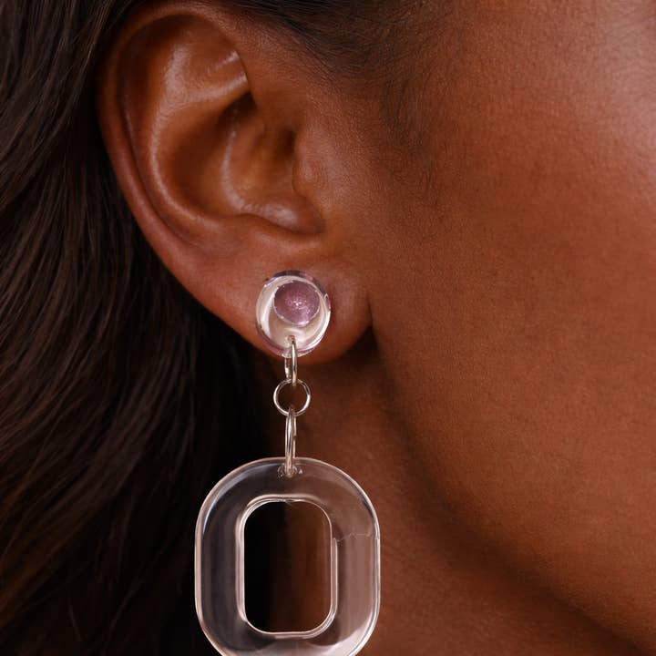 Clear Resin Square Drop Earrings with Pink Rhinestone Stud for wholesale by Bead And Beam