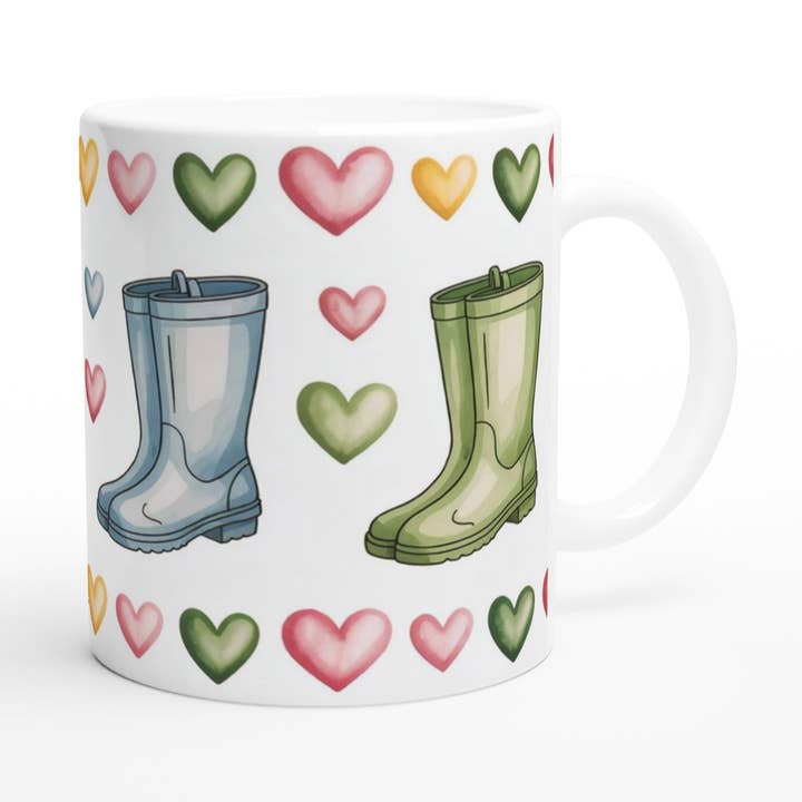 Mug de jour pluvieux en céramique avec motif de bottes Wellington pour la vente par Aminelle & Willow