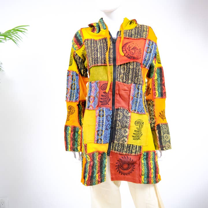 Long Cotton Patchwork Hooded Jacket for wholesale by Karma Nepal Crafts