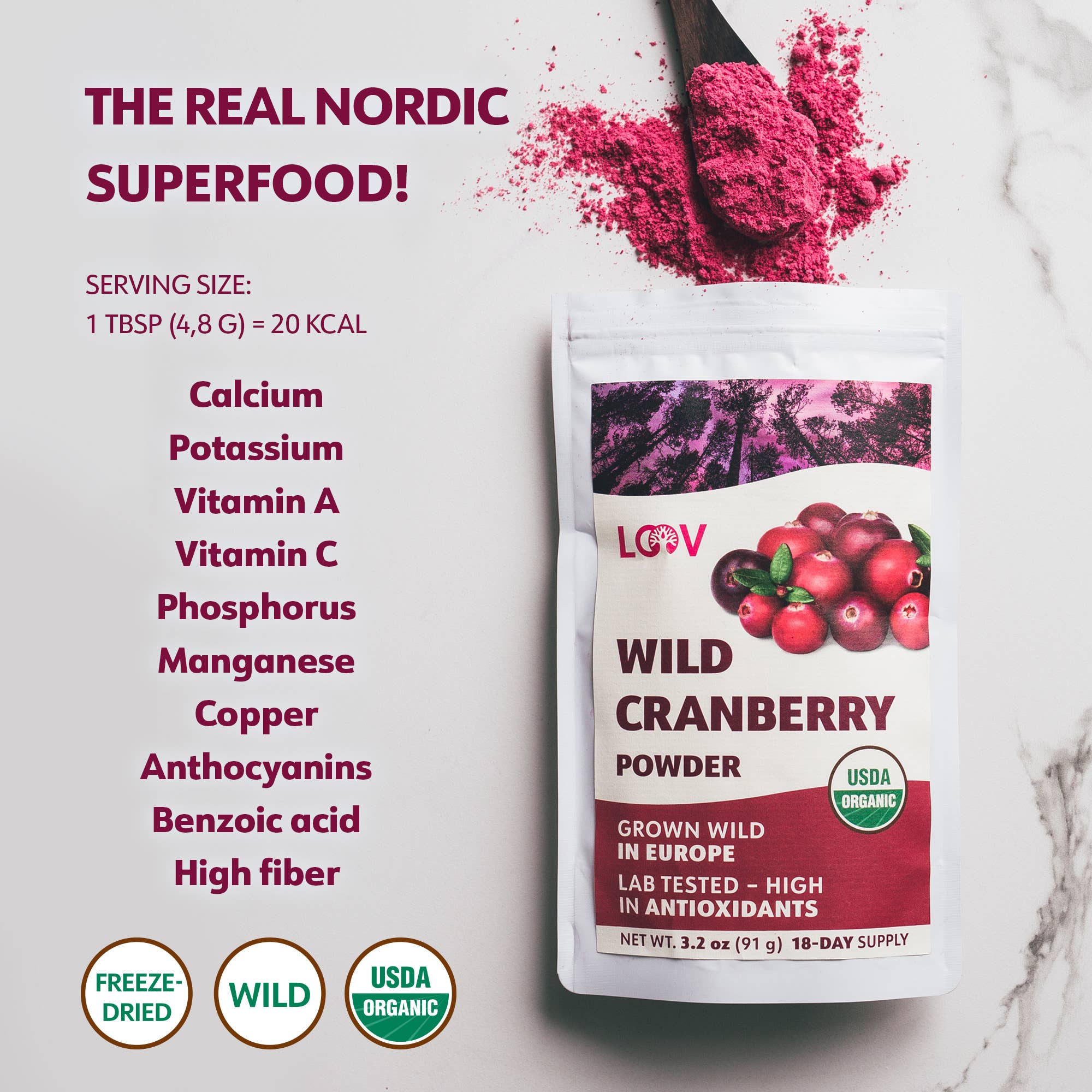 LOOV Organic Superfoods - Wholesale Protein/Superfood Powder - Freeze-Dried Organic Wild Cranberry Powder 3.2 oz2