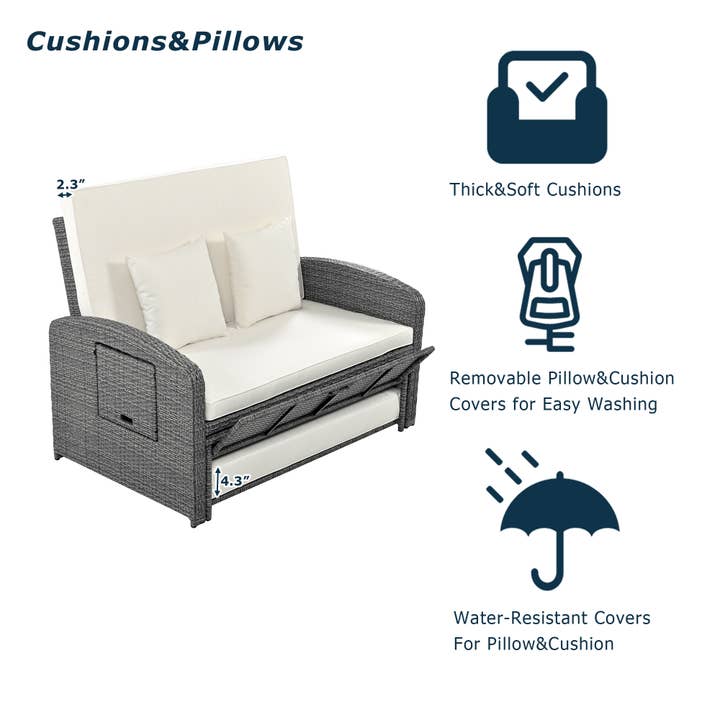 White PE Wicker Rattan Double Chaise Lounge for wholesale on Faire