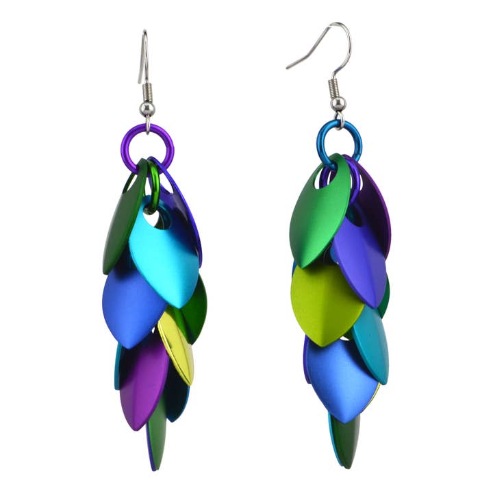 Cascading Feathered Long Earrings - Peacock (Mismatch) for wholesale by Rebeca Mojica Jewelry