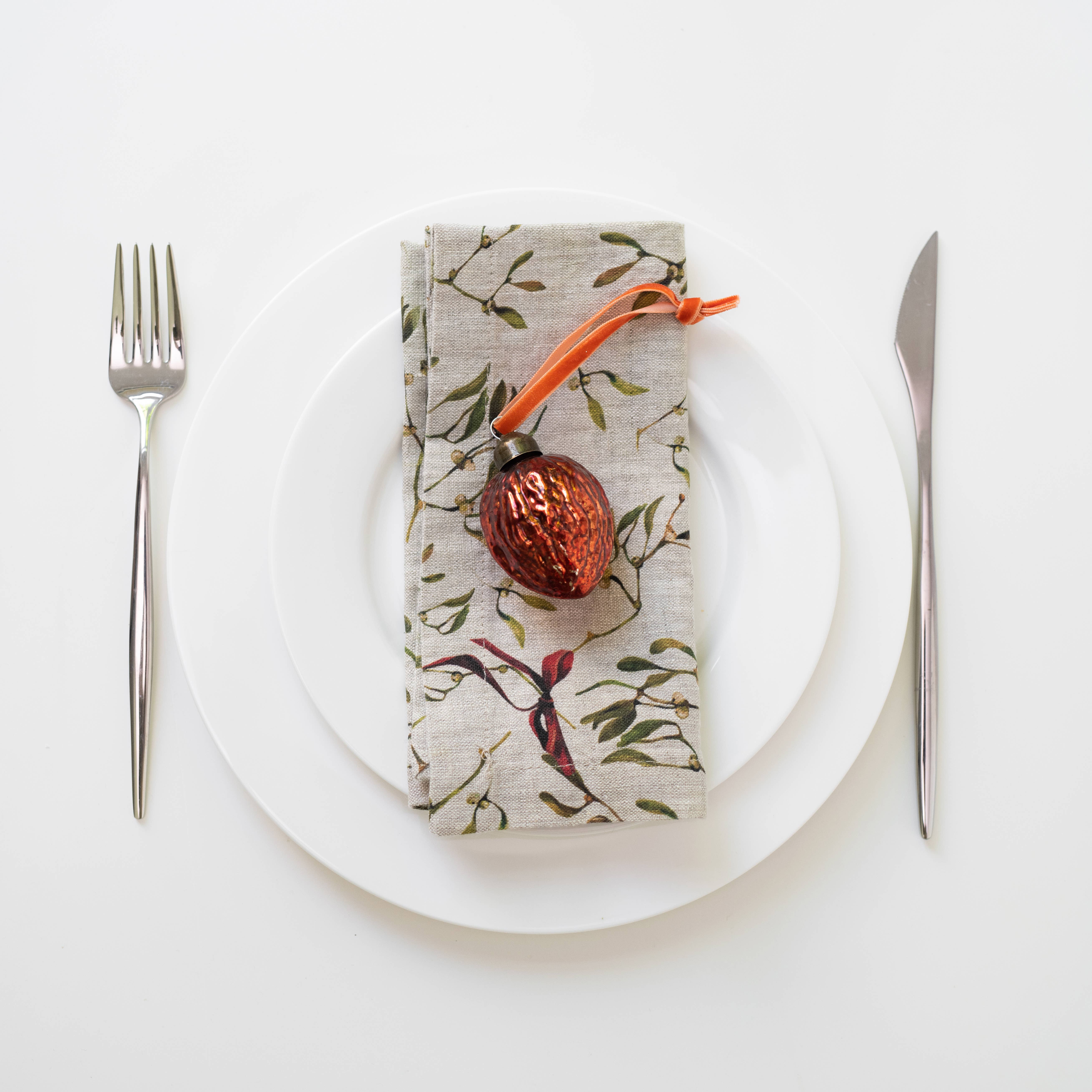 Linen Tales (We cover U.S. import duties) - Wholesale Dinner & Cloth Napkin - Mistletoe on Natural Linen Napkins Set of 21