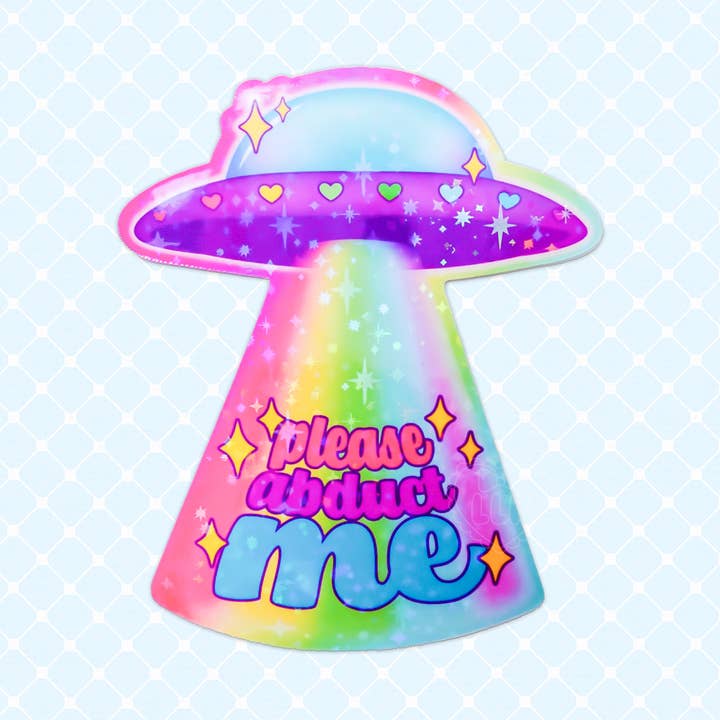 Holographic Stars Please Abduct Me UFO Vinyl Sticker for wholesale by LooLooKazoo
