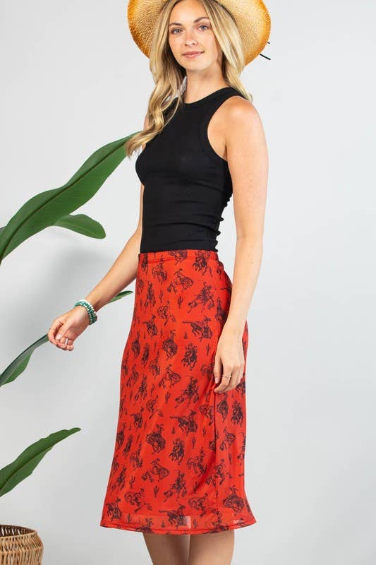 Ruggine/Nero Gonna midi in mesh foderata con stampa cavalli al galoppo AV1260-GISELE in vendita all'ingrosso su Faire4