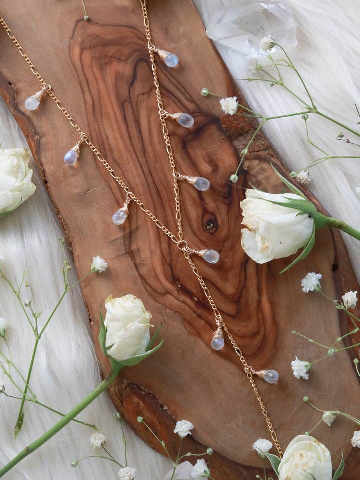 Waterfall Rainbow Moonstone Goldfilled Lariat for wholesale by Malabella Jewels