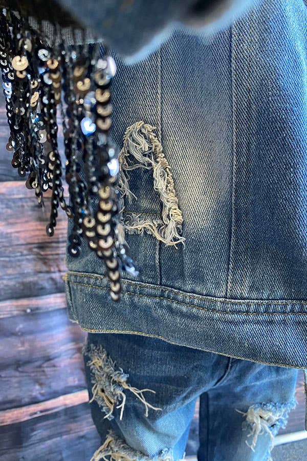 luluclothes - Wholesale Denim Jacket - Kids - DLH2551 Wash denim blue w/fringe & pocket girls denim jacket4