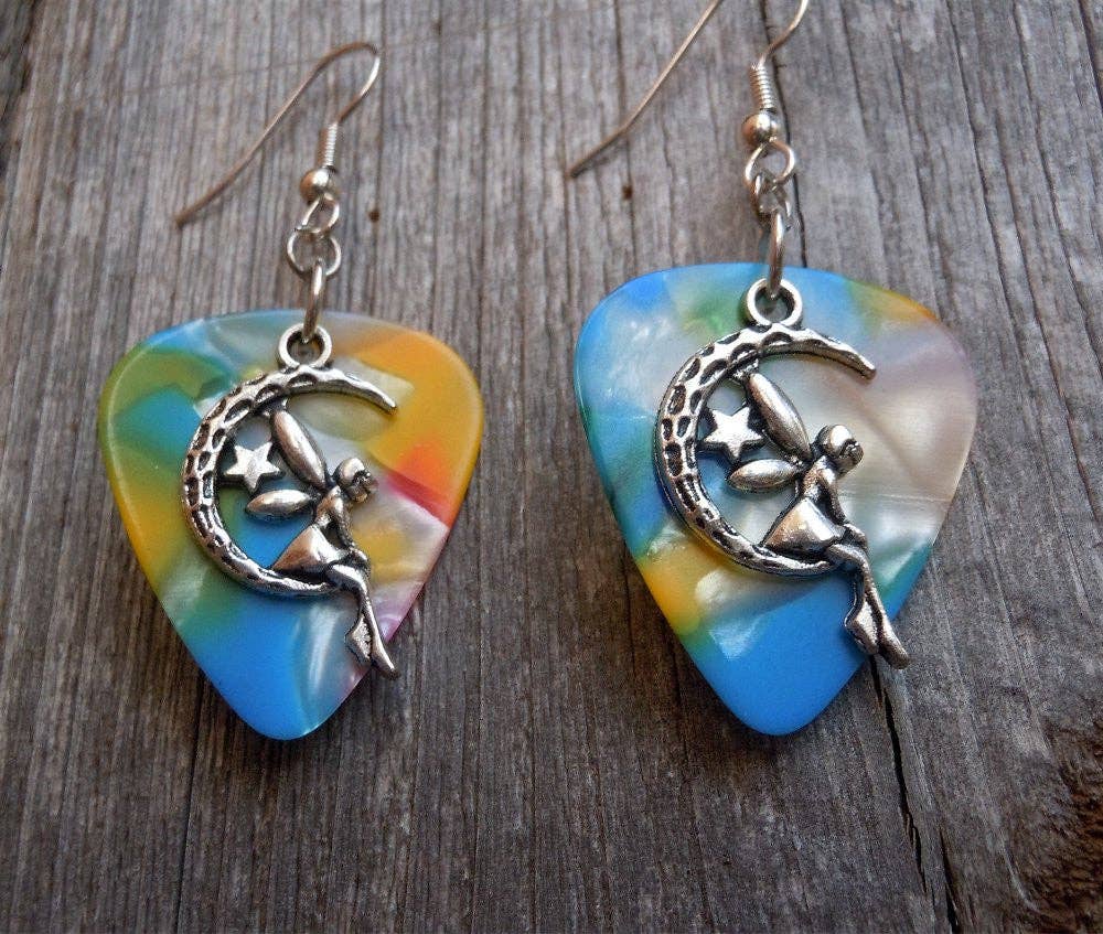 Simply Raevyn - Wholesale Dangle Earrings - Fairy on the Half Moon Charm Guitar Pick Earrings13