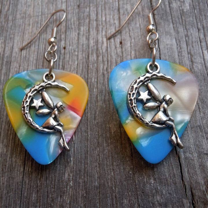 Simply Raevyn - Wholesale Dangle Earrings - Fairy on the Half Moon Charm Guitar Pick Earrings13