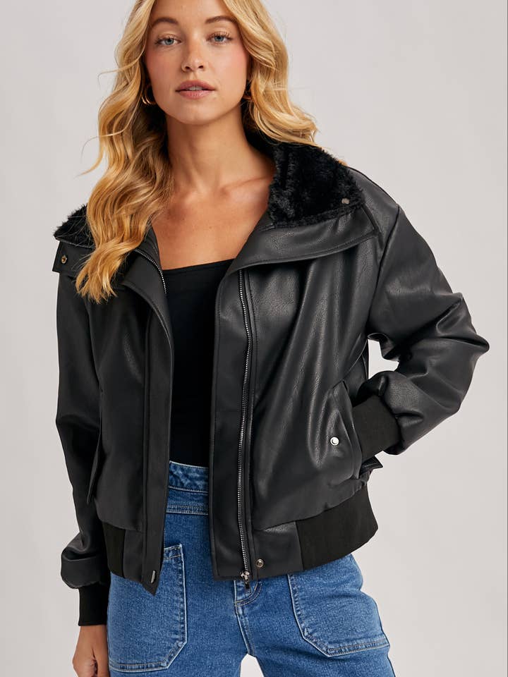 Bluivy - Wholesale Bomber Jacket - Women's - AVIATOR FAUX LEATHER AND FUR TRIMMED BOMBER JACKET2