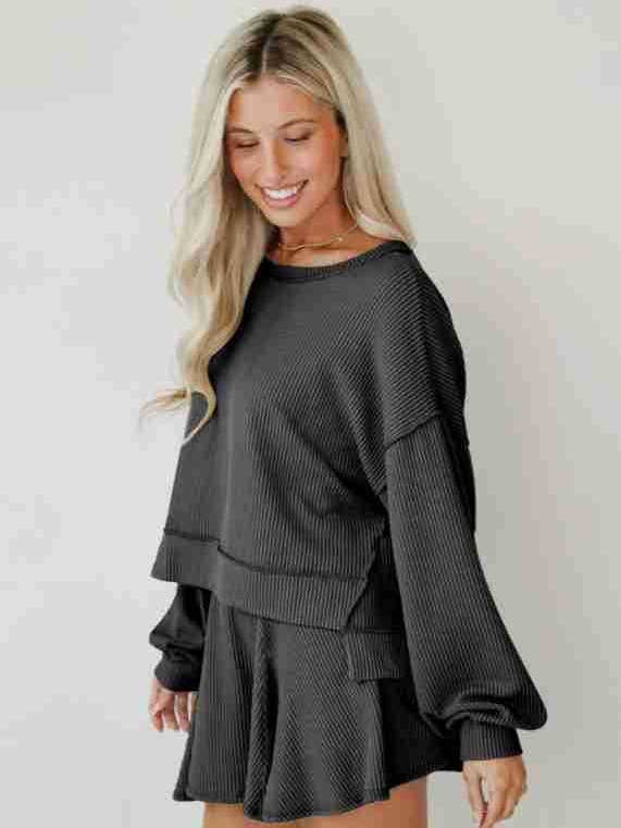 Marayn - Wholesale Top & Skirt Set - Women's - Autumn Ribbed Set Lantern Sleeve Top Pleated Skirt43