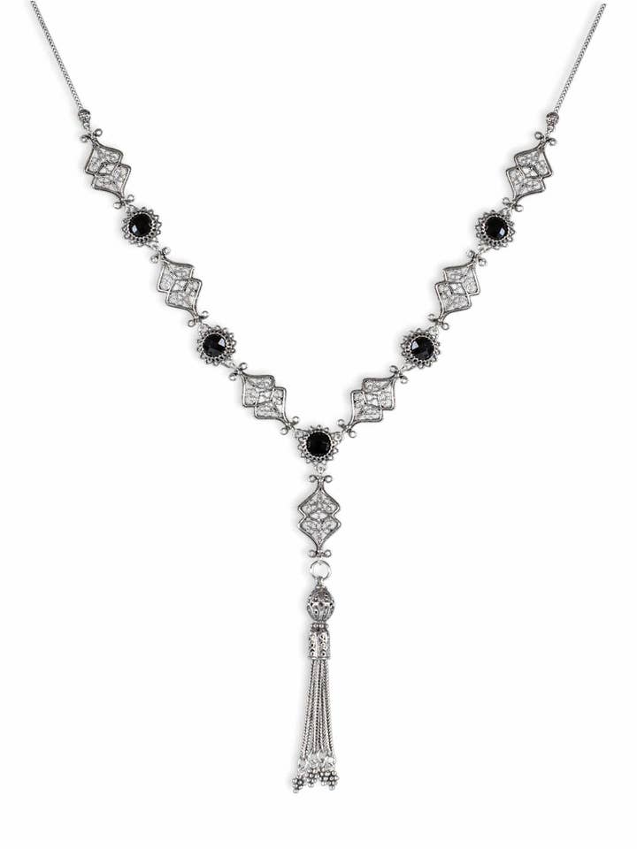 Sterling Silver Filigree Art Black Onyx Citrine Prasiolite Gemstone Y Design Tassel Women Choker Necklace for wholesale by Filigranist Jewelry