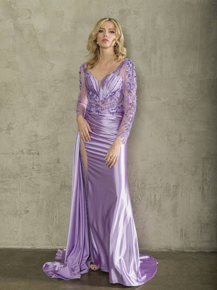 La Veneto - Wholesale Dress - Women's - V-neckline, gathered side waistline, leg slit & draping sash4