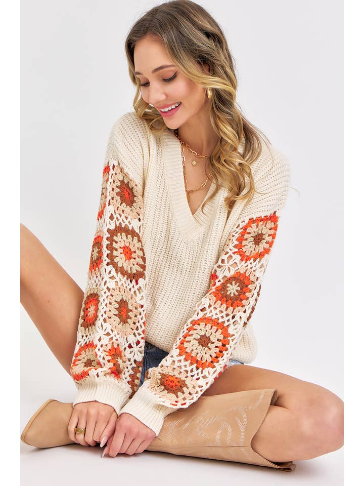 Sweet Lovely by Jen - Wholesale Knit Sweater - Women's - CROCHET PATCHWORK SWEATER