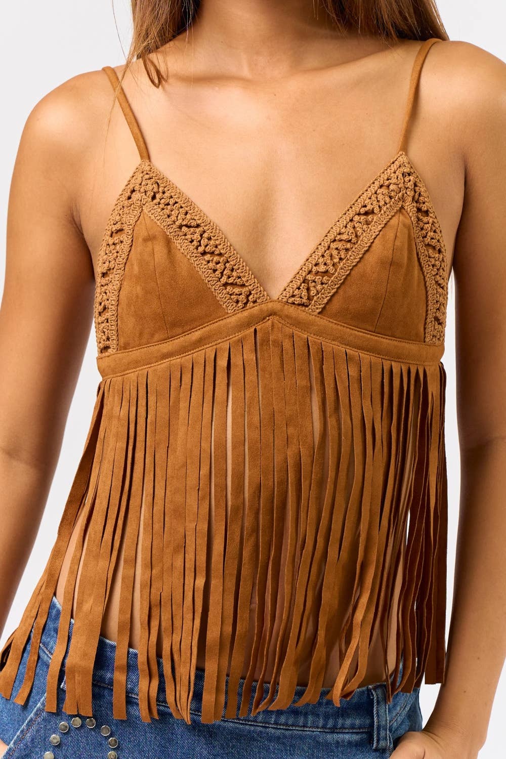 LT BROWN  IBT34729 Suede Fringe Tank Top for wholesale on Faire1