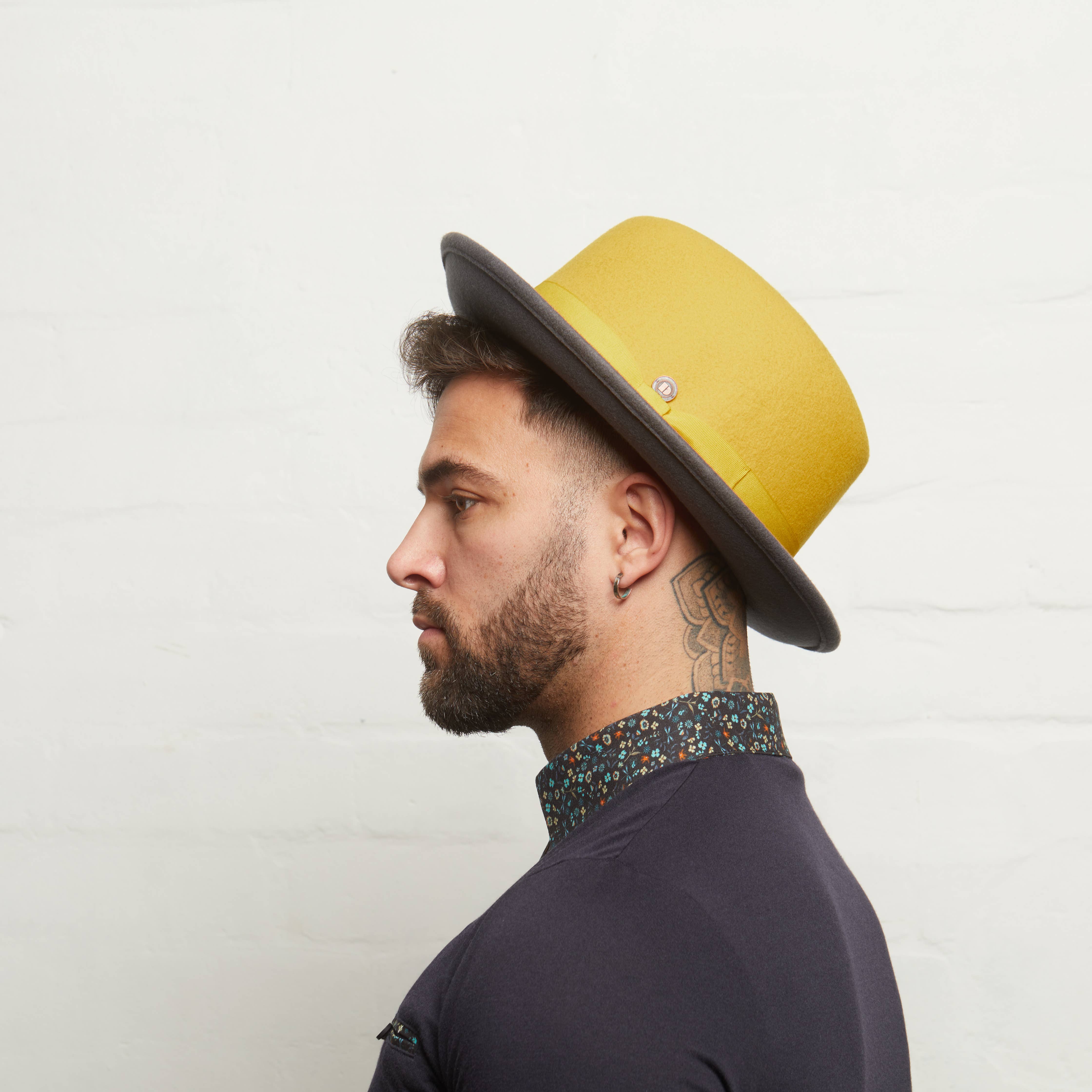 Dasmarca Hats - Wholesale Fedora - Men's - GANGSTAR Felt Shapeable Two-Tone Fedora Hat - Yellow / Grey6
