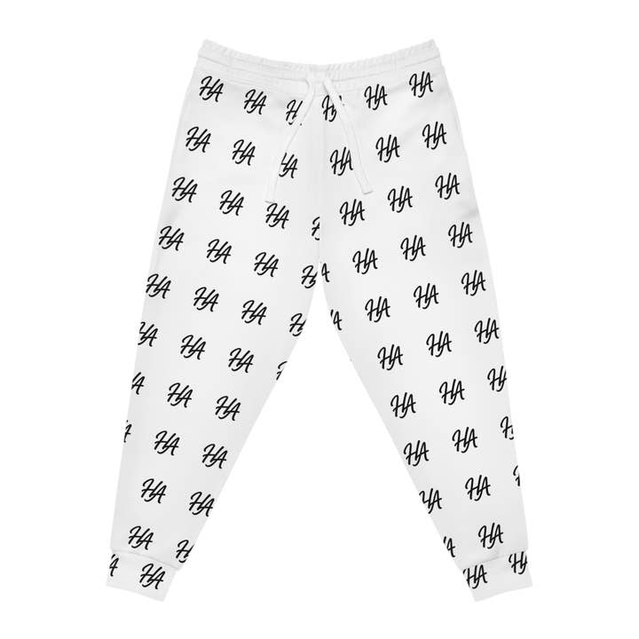 White Fleece Joggers — All-Over Script 'HA' Monogram Sweatpants for wholesale by Henry Athletics