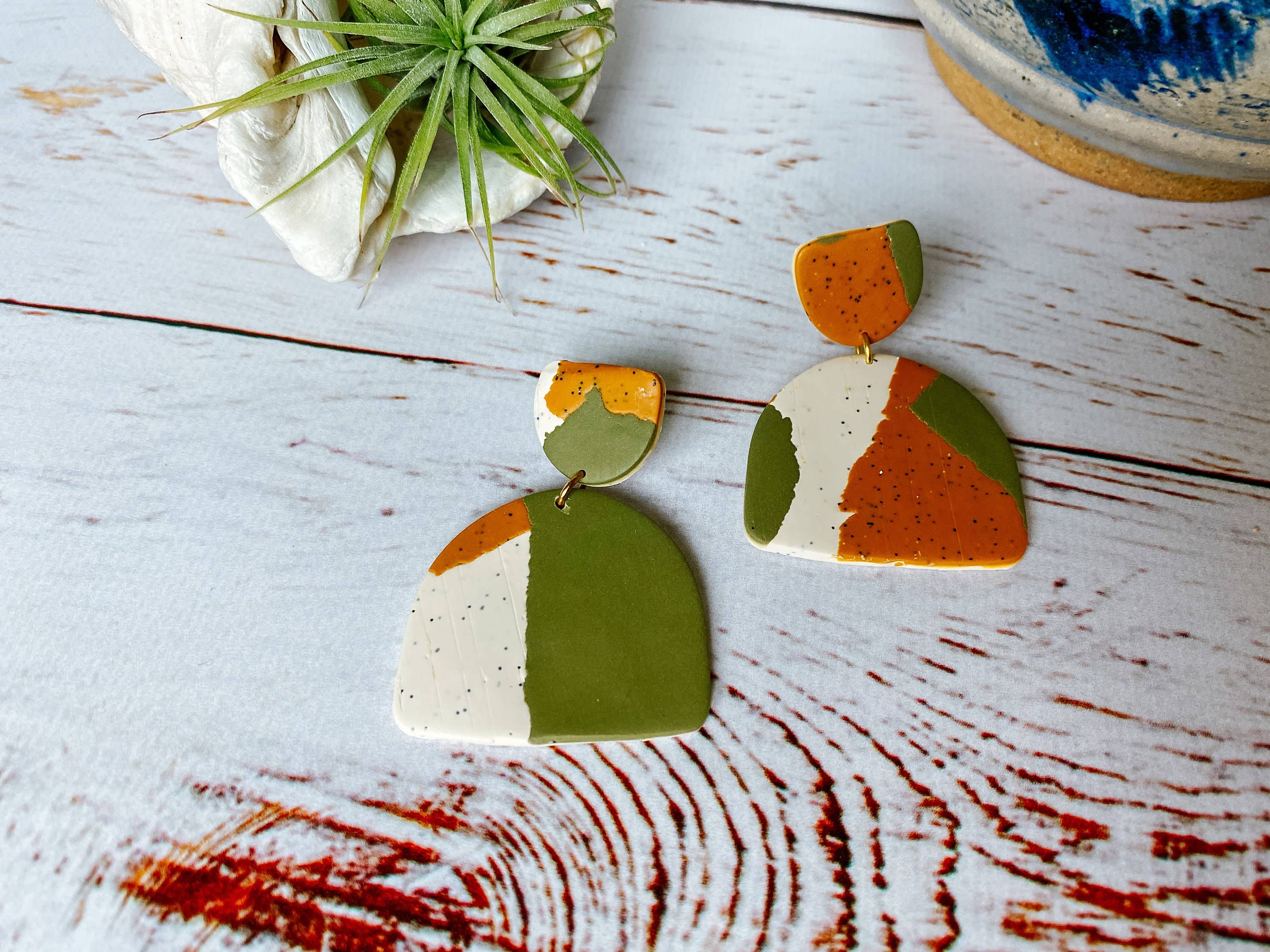 Lauren Likes Art - Wholesale Dangle Earrings - Olive Green Mustard Yellow Abstract Earrings, Big Dangle Earrings, Gift for Women, Statement Earring, Earth Tone Jewelry, Beige Taupe Ombre3