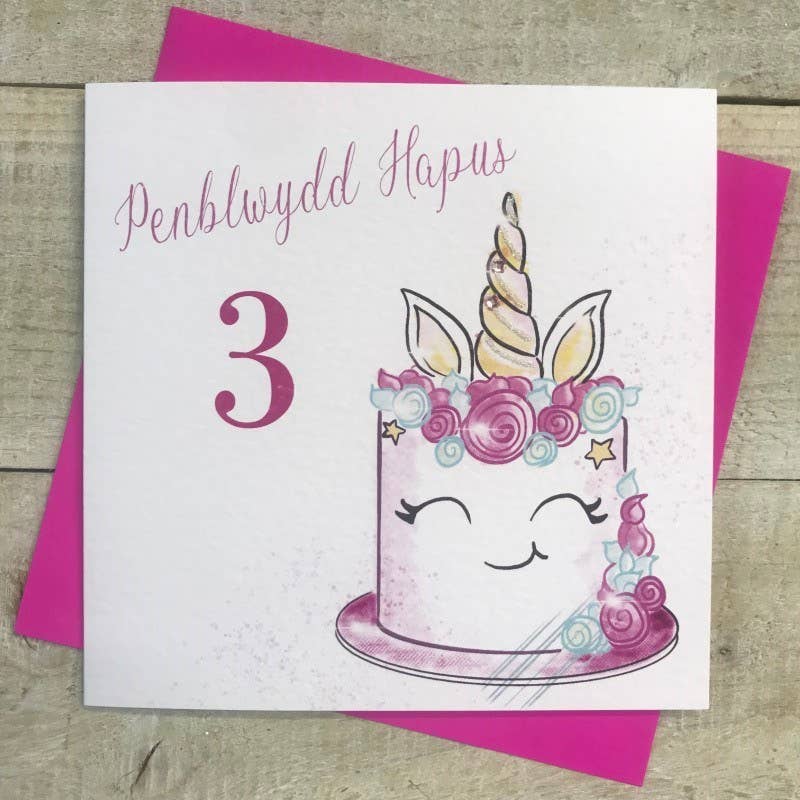 White Cotton Cards - Wholesale Birthday Card - Welsh Age 3 - Unicorn Cake (W-R101-3)0