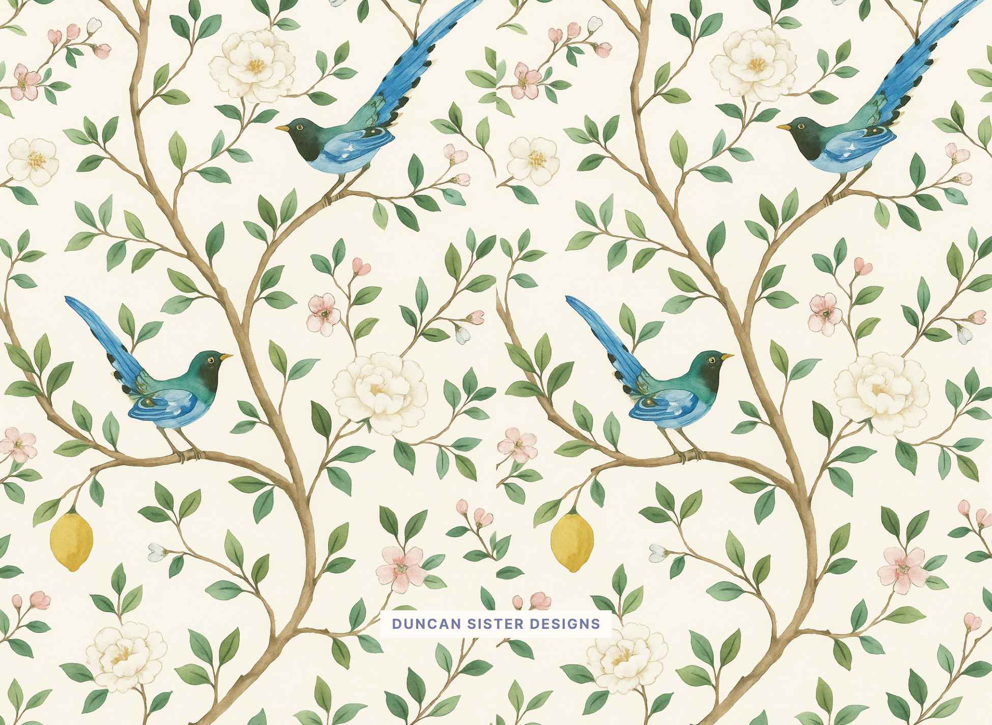 Duncan Sister Designs - Wholesale Stationery/Notecard Set - Chinoiserie Bird Floral Print Notecards – Set of 8, USA Made2