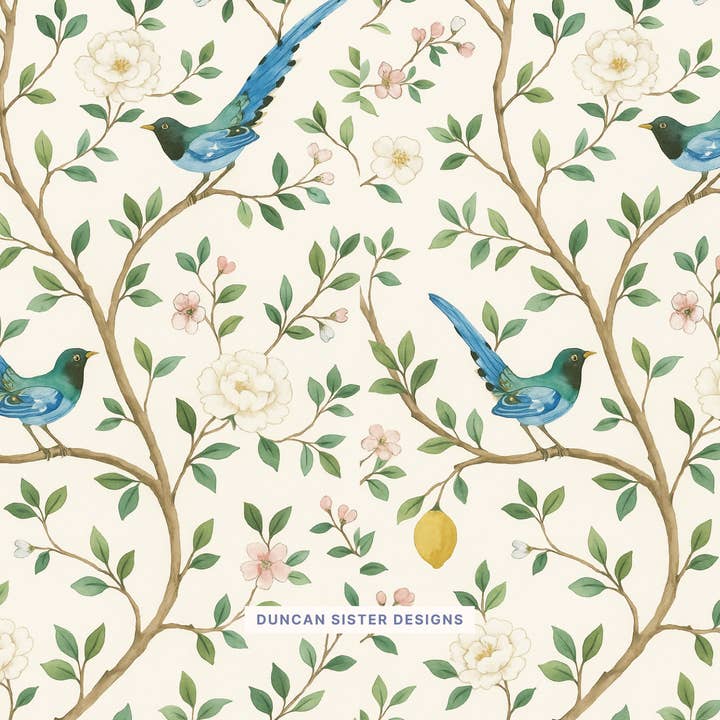 Duncan Sister Designs - Wholesale Stationery/Notecard Set - Chinoiserie Bird Floral Print Notecards – Set of 8, USA Made2