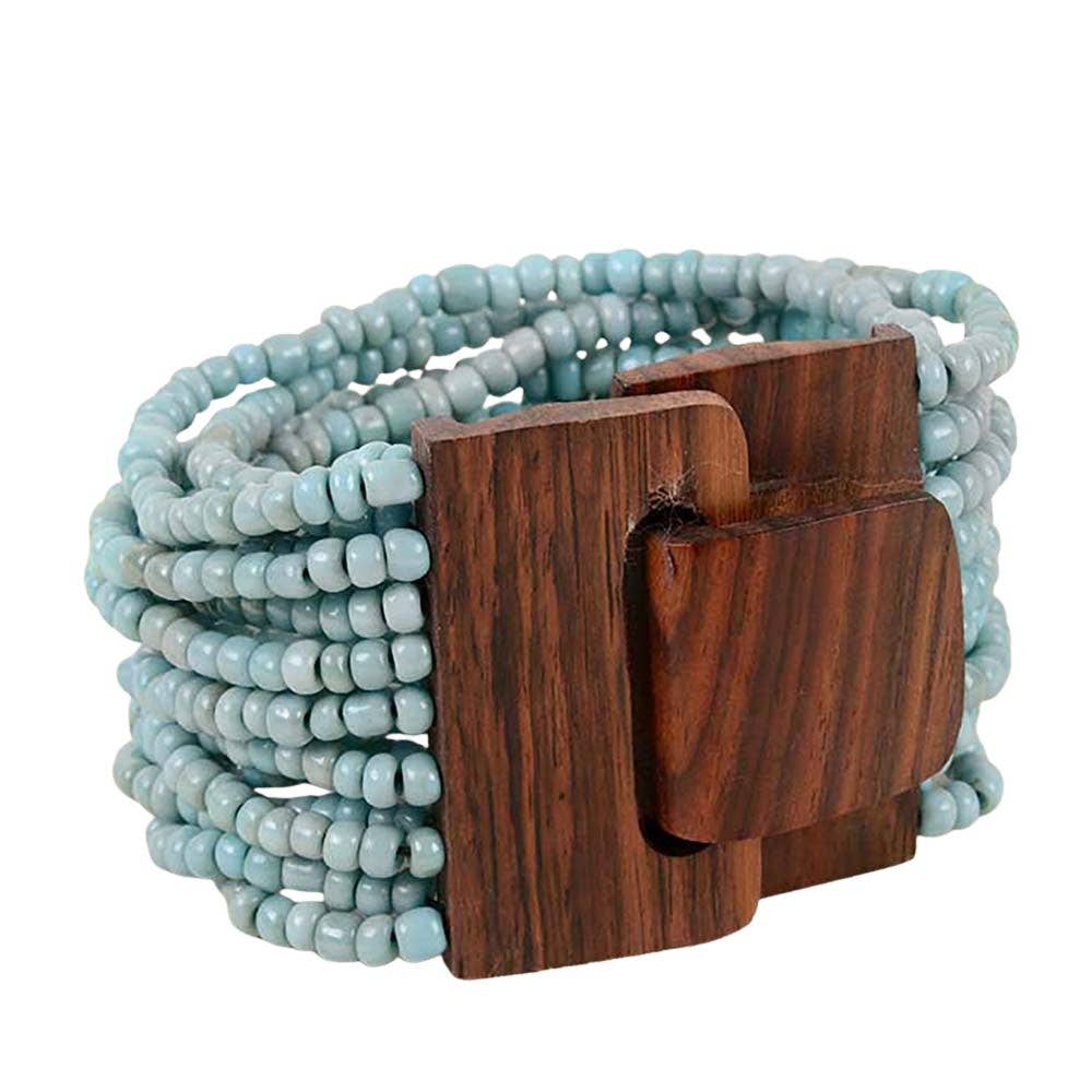 Pink House Imports - Vente Bracelet de perles - Bracelet en perles de verre de Bali avec boucle en bois2