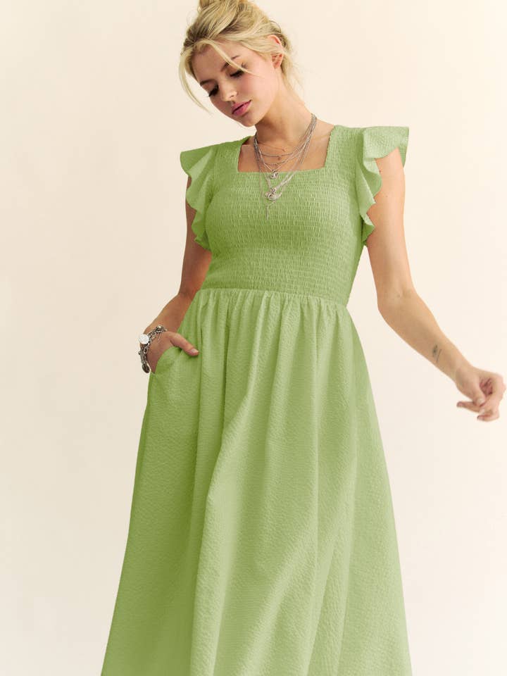 Davi & Dani – wholesale Dress – Women's – TEXTURED RUFFLE CAP SLEEVE SMOCKED MIDI DRESS16