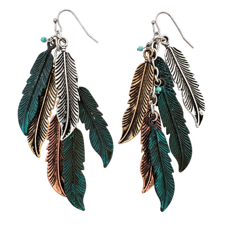 Lunar Deer - Wholesale Dangle Earrings - Feather Cluster Bohemian Tricolor Patina Metal Earrings