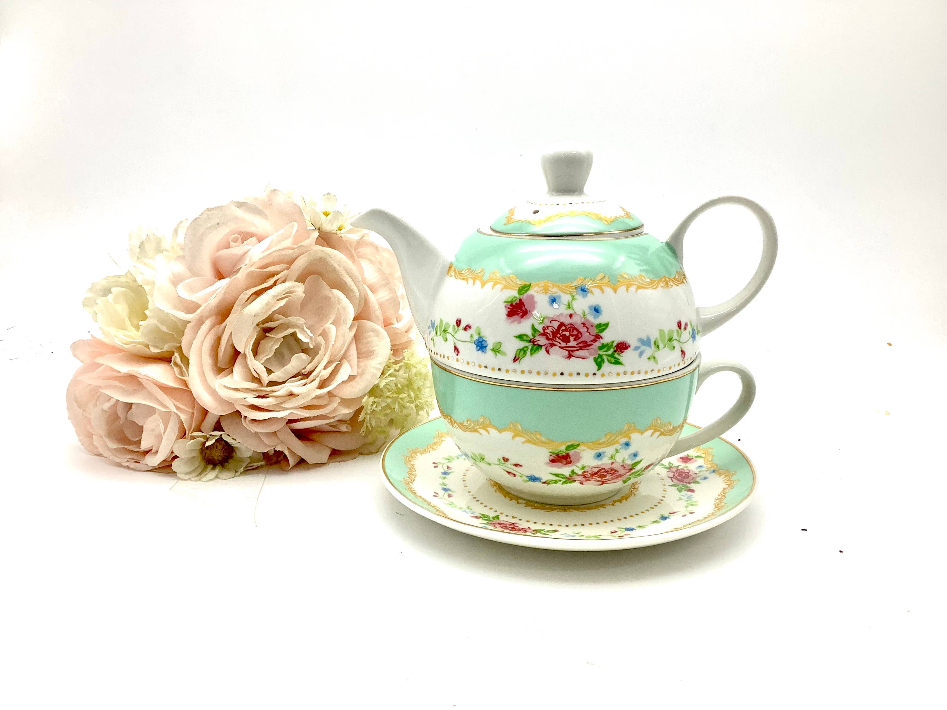 All Little Cute Things - Wholesale Tea Set - Tea for One Gift Se French Rococo delicate gold blush roses 1