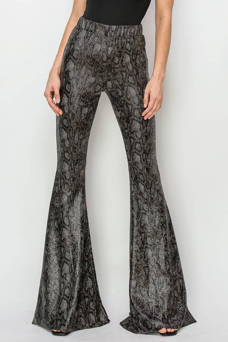 WISTERIA LANE - Wholesale Pants - Women's - PLUS SIZE PYTHON GOLD FOIL BELLBOTTOM KNIT PANTS-2300PAD4
