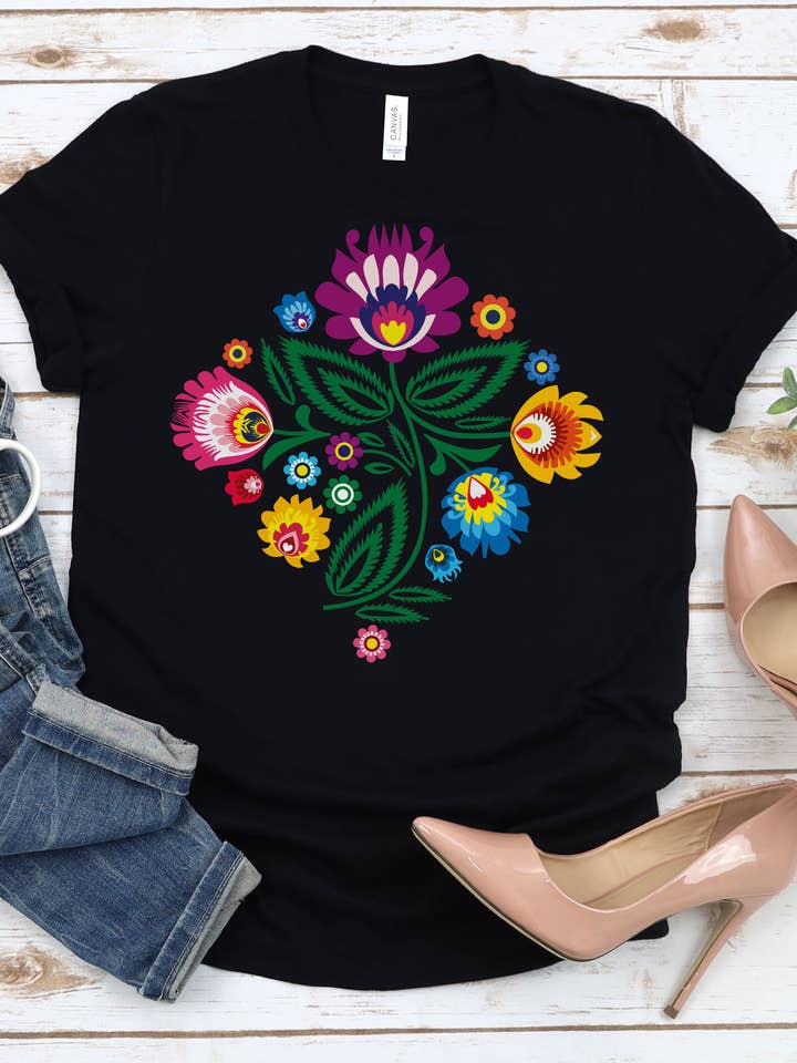 Mexican Flowers Shirt, Mexican Retro Folklore Flowers Tee for wholesale by Gerdees