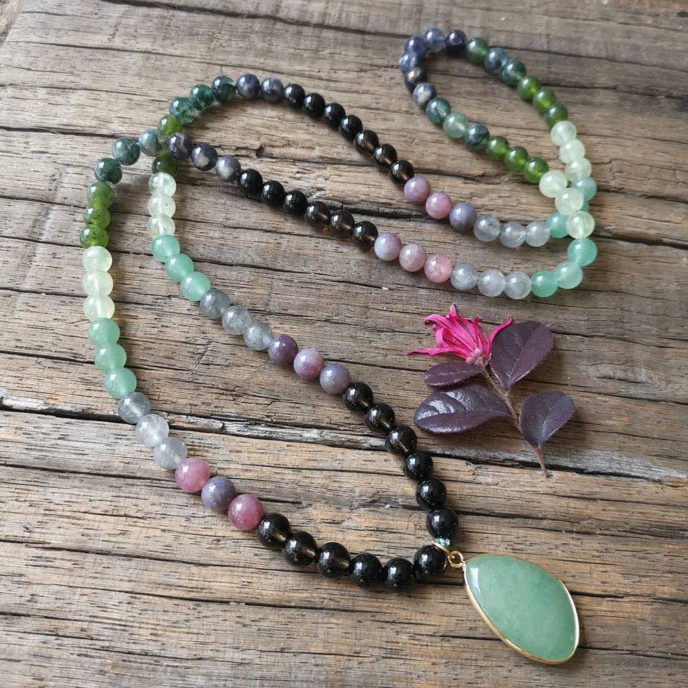 Harmony Mala – Engroshandel Perlehalskæde – Halskæde med mala-perler af sort onyx, grøn aventurin, prehnit5