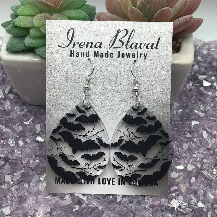 Black Bats Acrylic Laser Cut Earrings for wholesale by Irena Blavat Designs