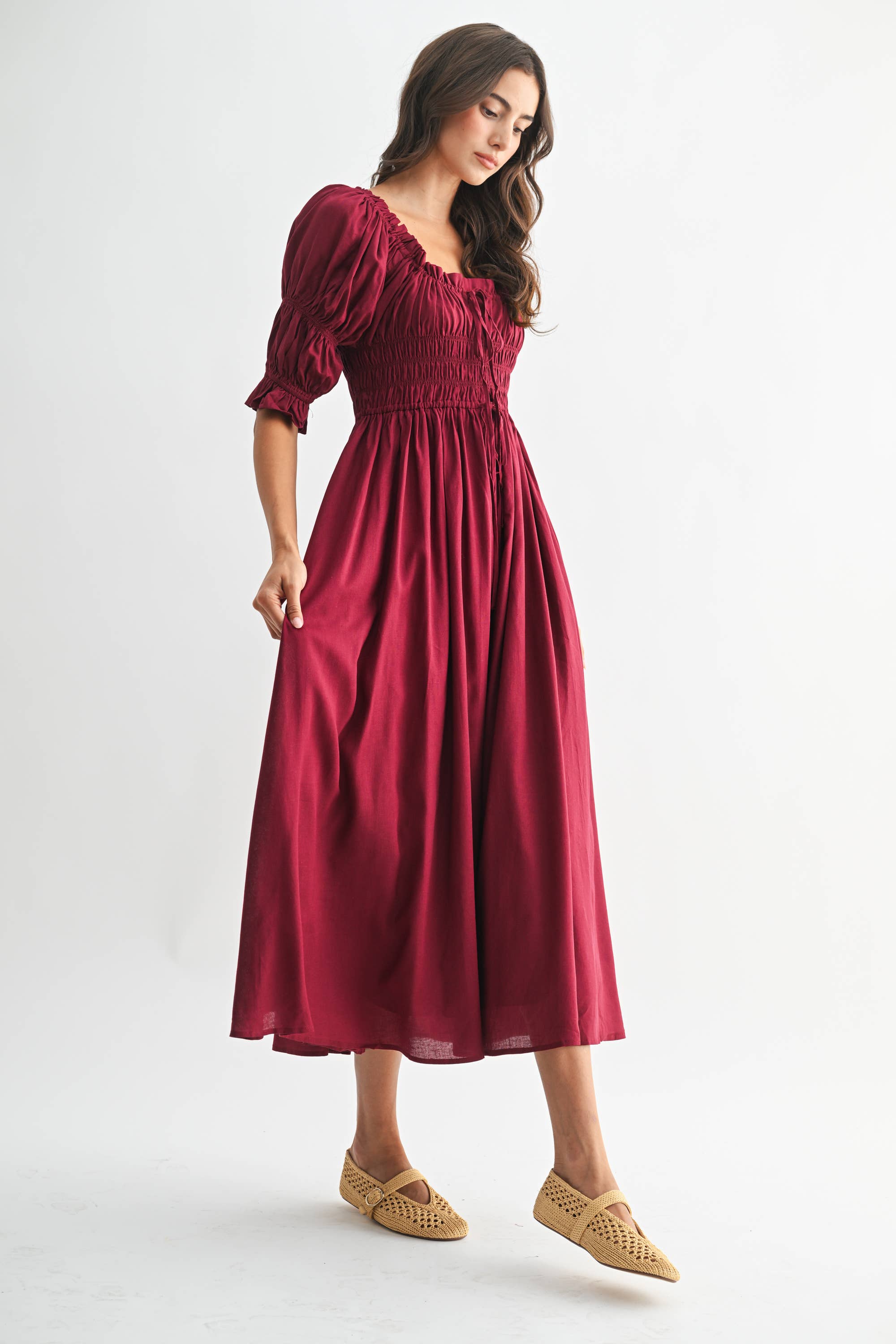 Camellia - Vente Robe – femme - ROBE MIDI ÉPAULES DÉNUDÉES SMOCKÉE AVEC JUPE PLISSÉE22