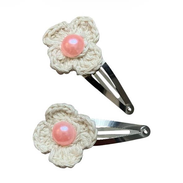 pinces à cheveux fleur perle 2x - blanc cassé - crocheté biologique pour la vente par Luna-Leena - handmade in Nepal